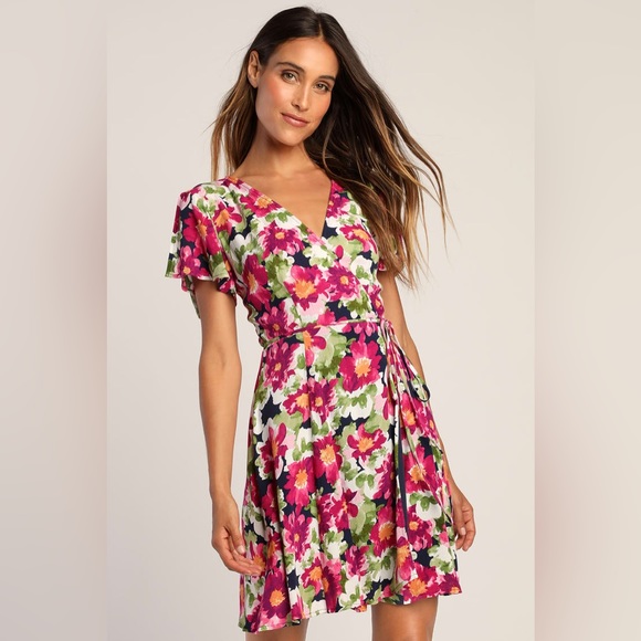 Lulu’s Harbor Point Magenta Multi Floral Print Wrap Dress - Picture 3 of 8